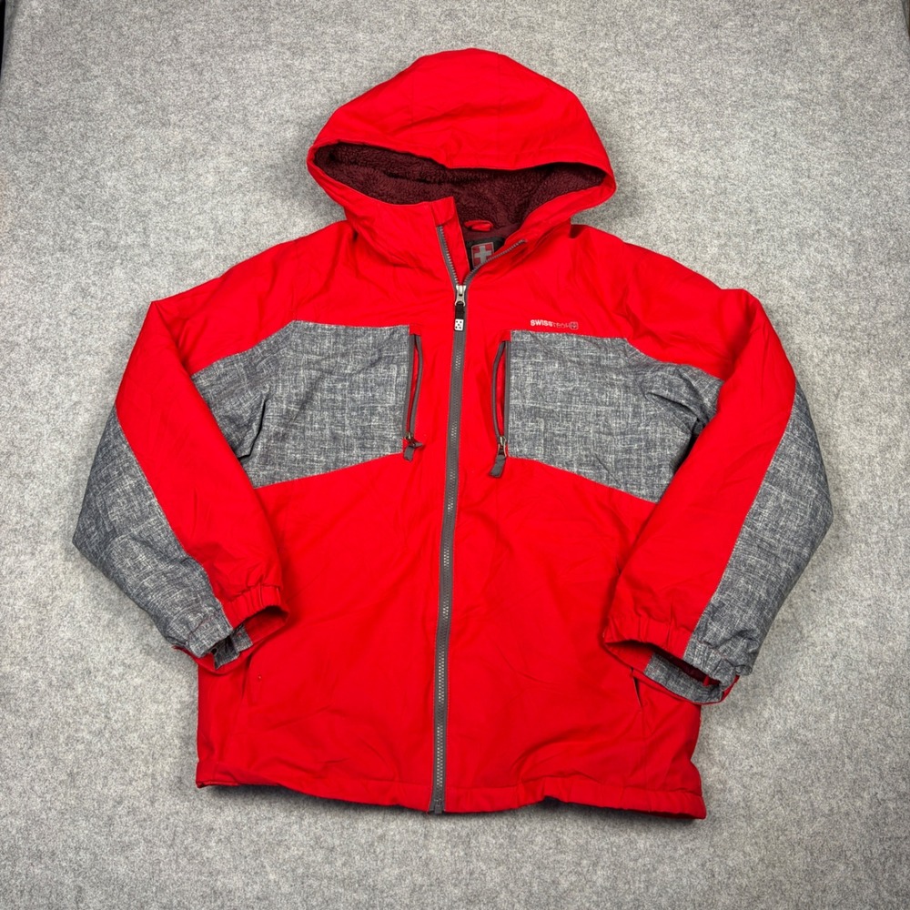 Swiss Tech Mens Red Gray Hooded Winter Jacket Sherpa Lined Puffer Coat XXL 2XL